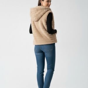 Fashion Magazine Exclusive Faux Fur Hooded Vest - Beige - Size Large
